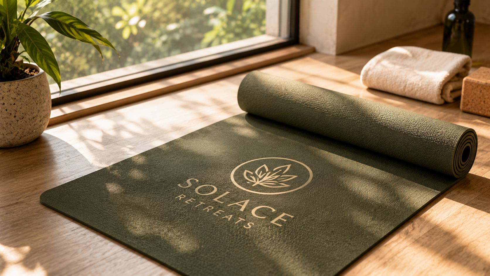 A premium branded custom yoga mat in a calm, sunlit room