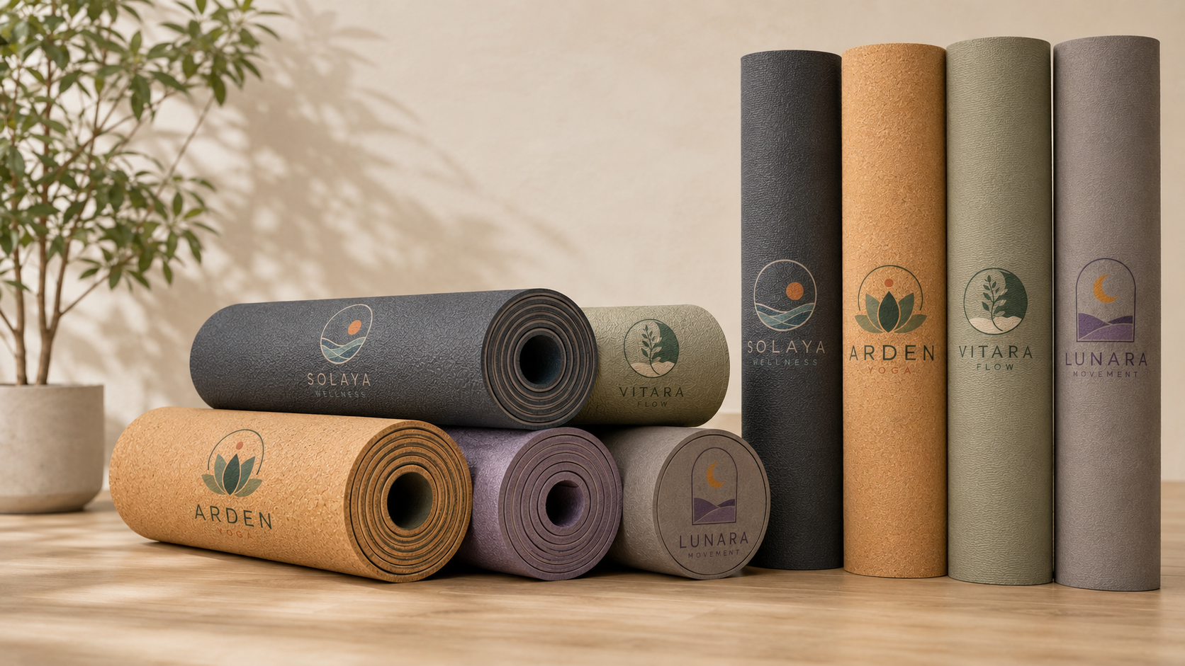 A display of branded custom yoga mats with printed logos