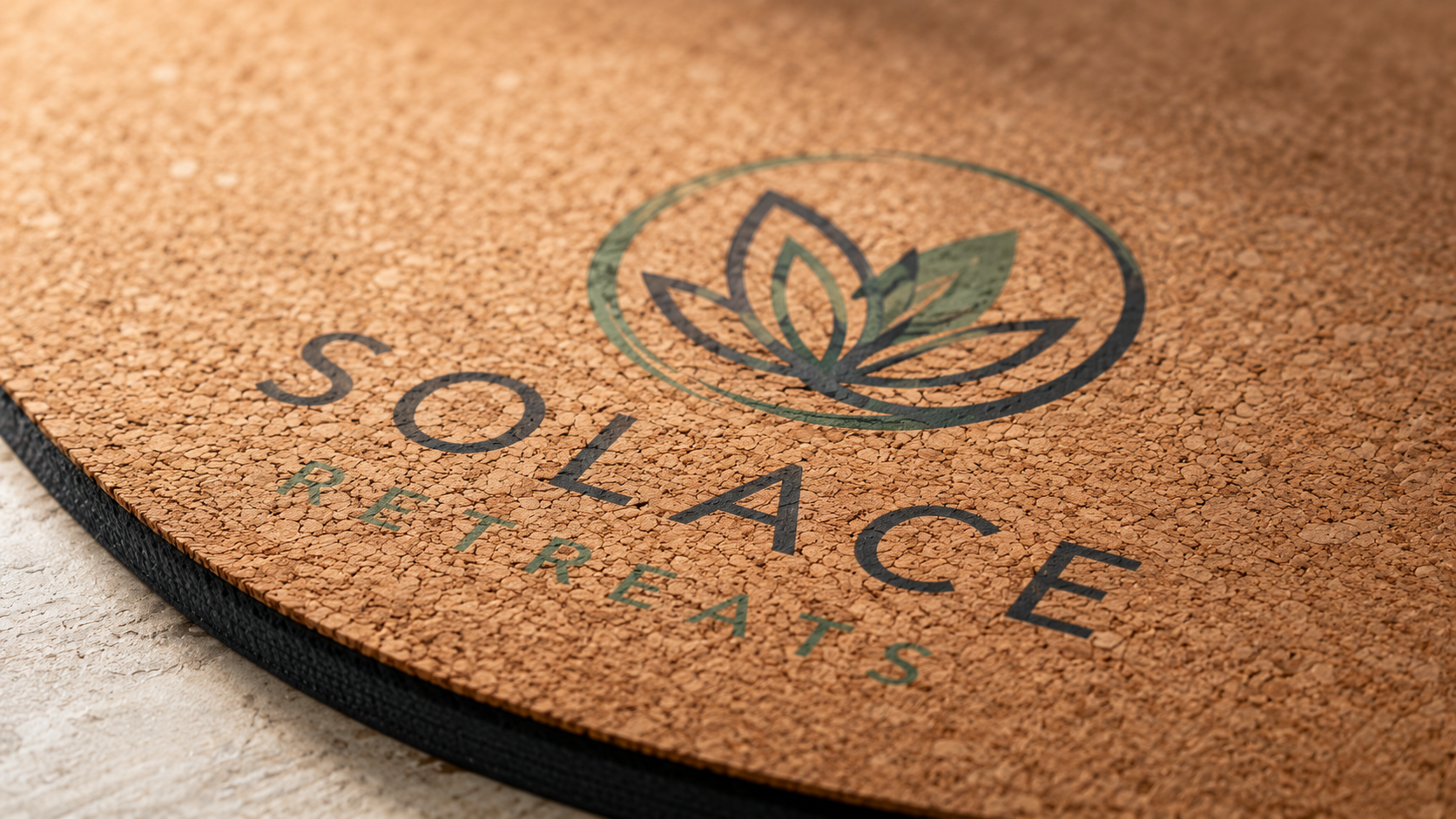 Close-up of a cork custom yoga mat with a printed full-color logo