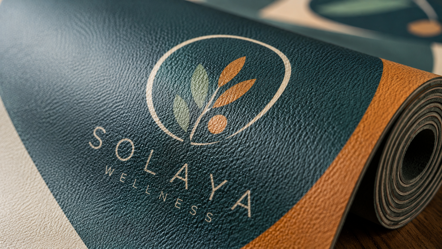Close-up of a custom-printed yoga mat showing a full-color printed logo