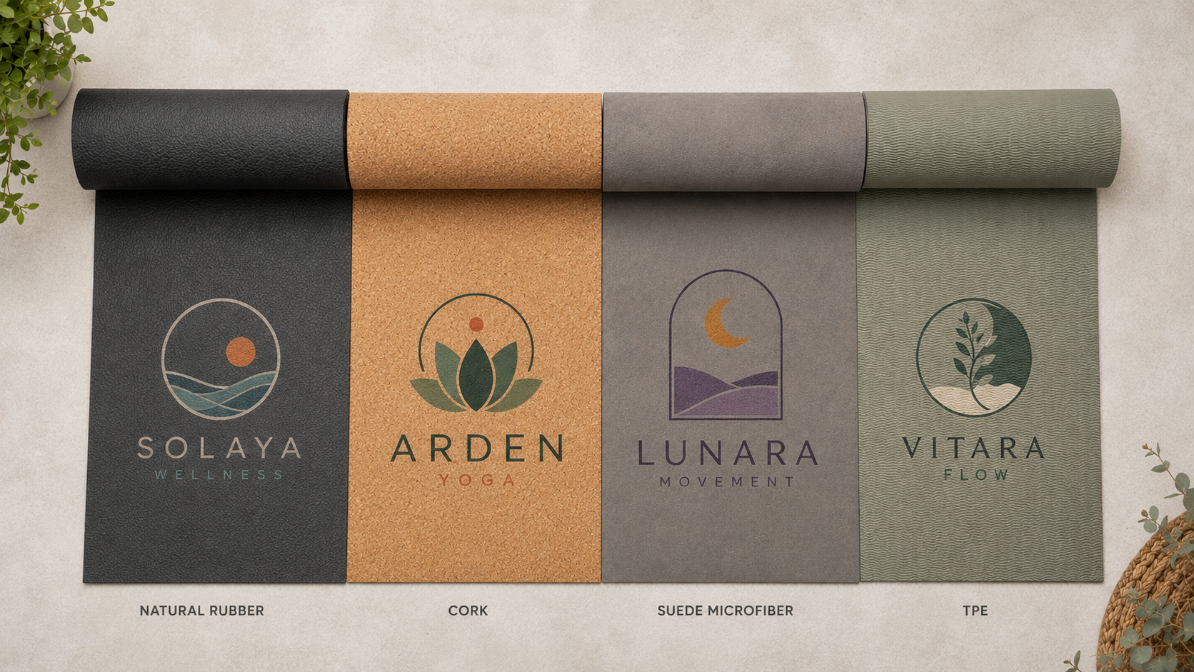 Custom yoga mats in natural rubber, cork, suede microfiber, and TPE with printed logos