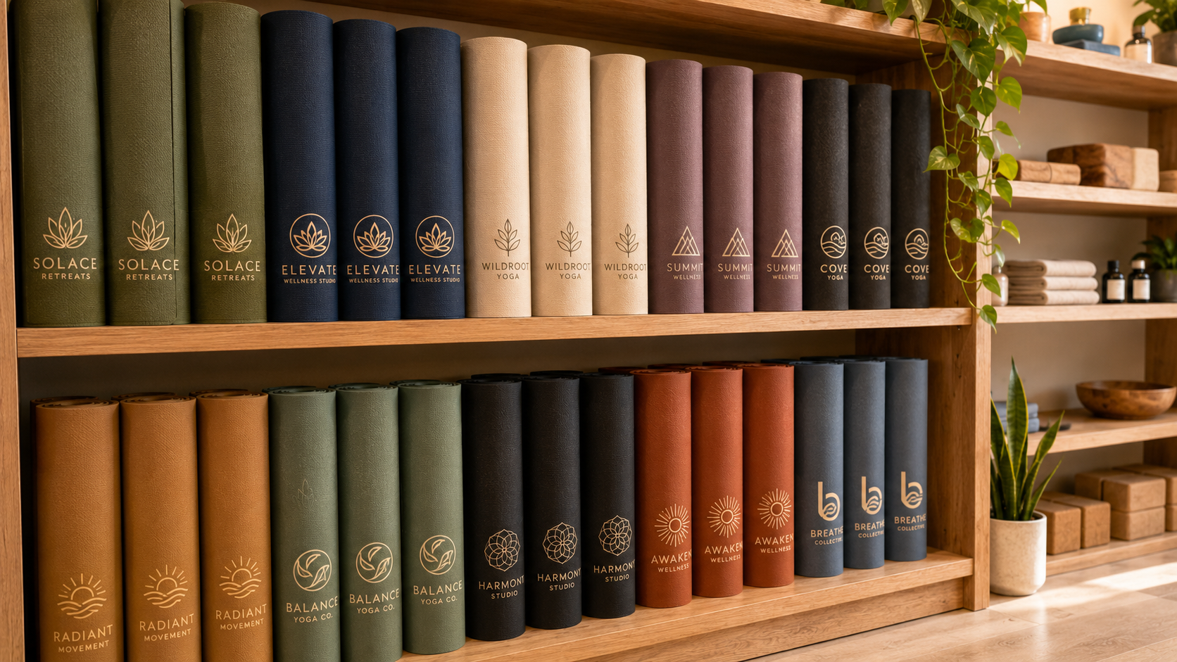 A retail display of rolled custom yoga mats with printed logos