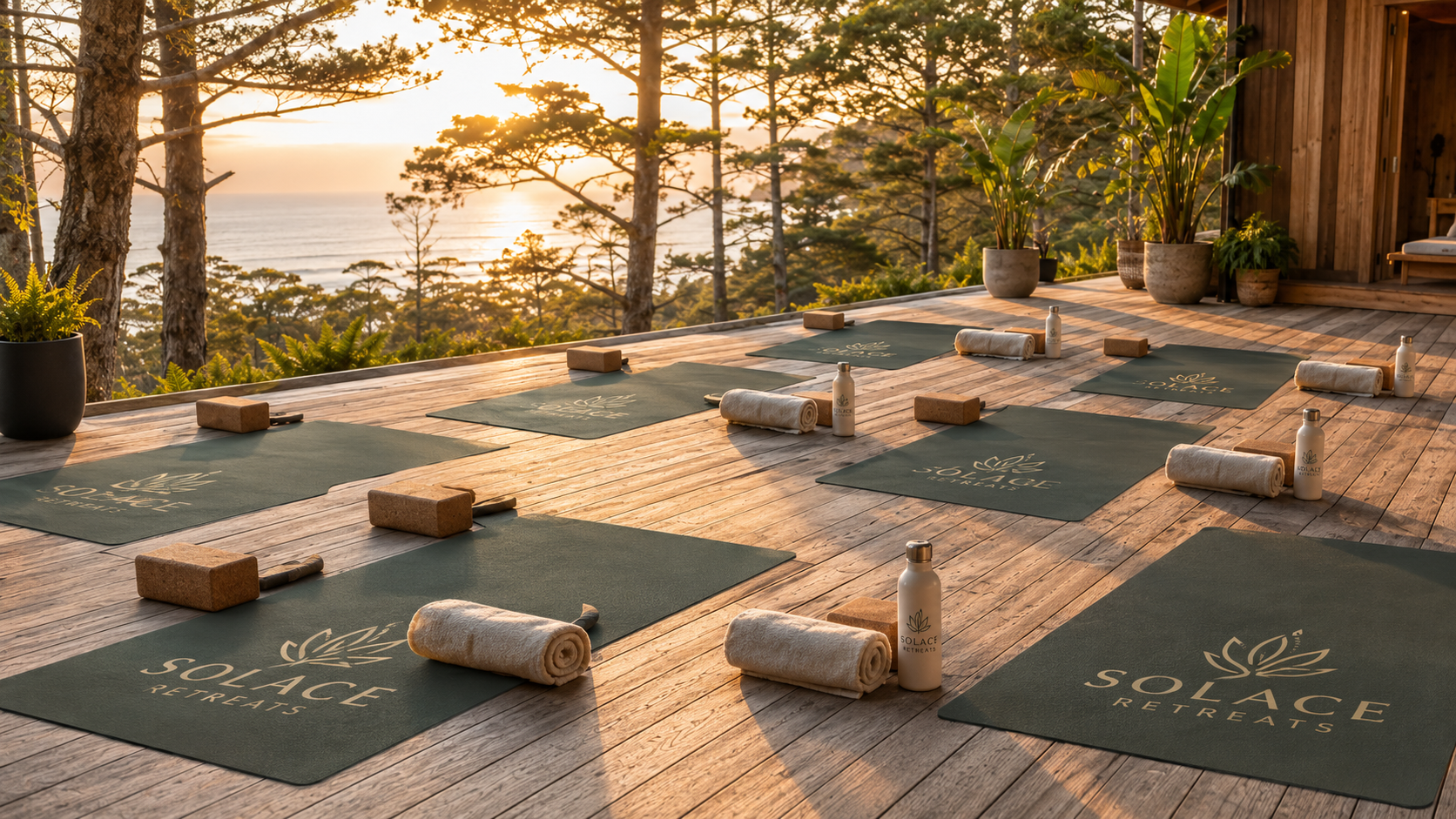 Branded custom yoga mats at an outdoor wellness retreat at golden hour